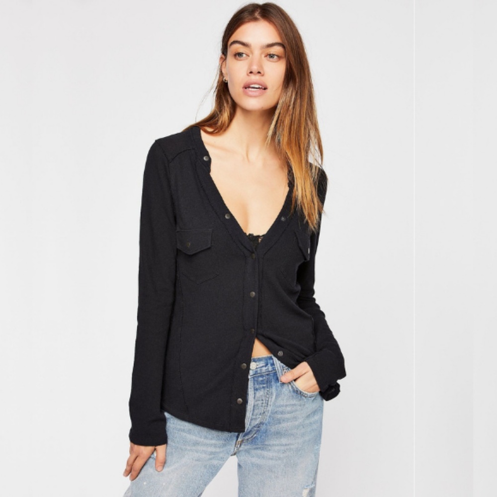 NWT Free People Starlight Henley Tee Shirt Black